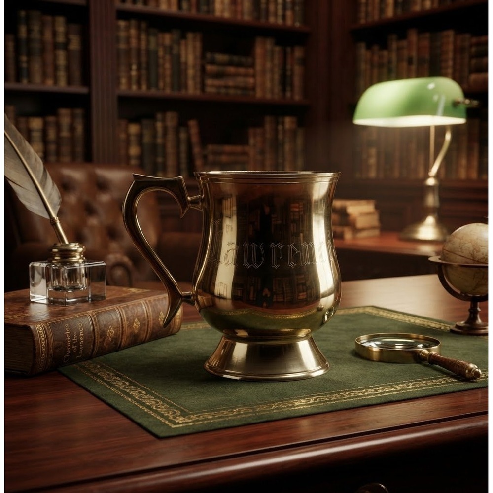 Vintage Lawrence Engraved Brass Tankard Mug 18oz Gold Tone Beer Stein 1940s